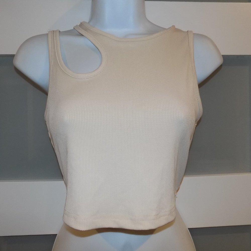 Shein Cut Out Cold Shoulder Cream Ribbed Color Cropped Tank Top Size M NWOT